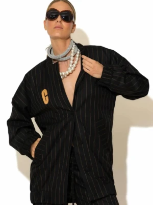 Striped Oversized Bomber Jacket with Signature -C- Logo