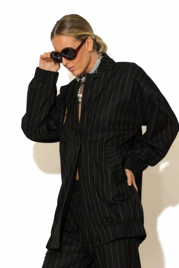 Striped Oversized Bomber Jacket with Signature -C- Logo