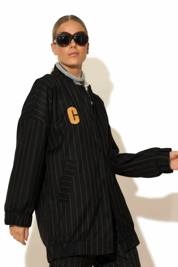 Striped Oversized Bomber Jacket with Signature -C- Logo