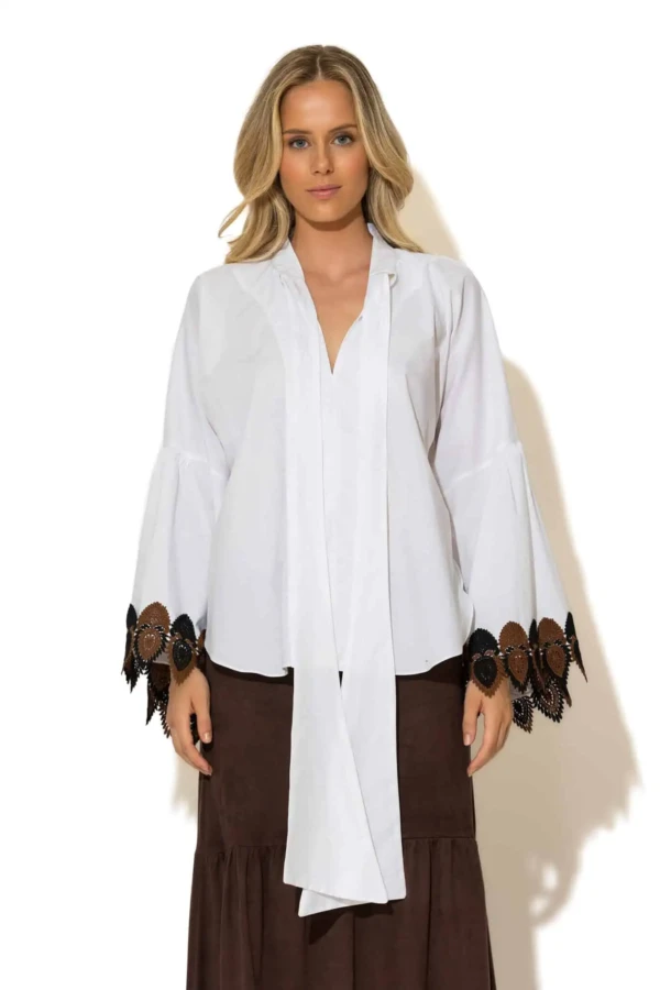 Boho Cotton Shirt with Scarf Collar and Lace Trimmed Sleeves