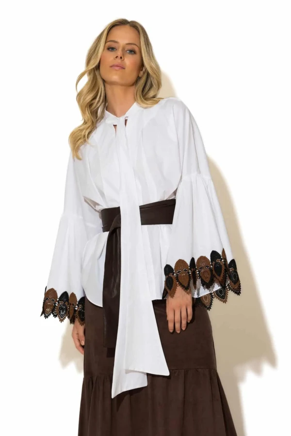 Boho Cotton Shirt with Scarf Collar and Lace Trimmed Sleeves