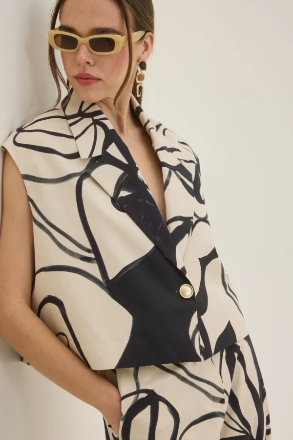 Γιλέκο με Abstract Print Μπεζ/Μαύρο