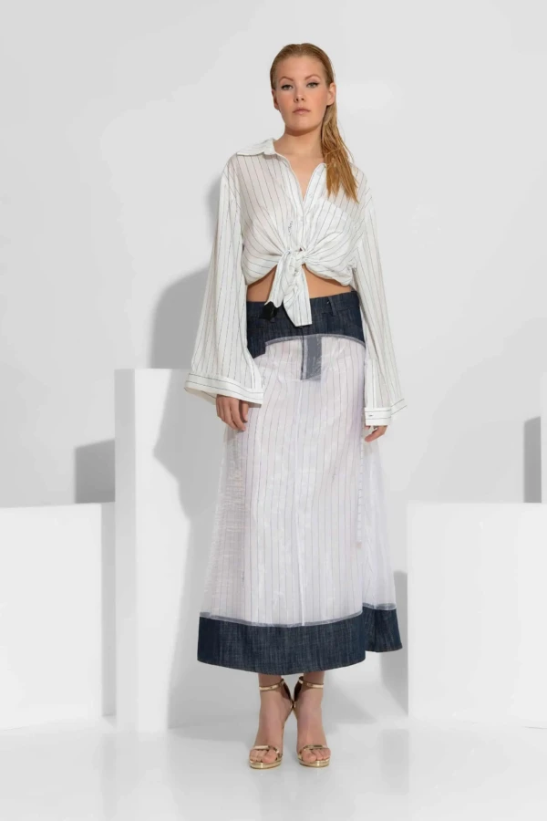 Oversized Σατέν Ριγέ Πουκάμισο με Signature Print