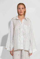 Oversized Σατέν Ριγέ Πουκάμισο με Signature Print