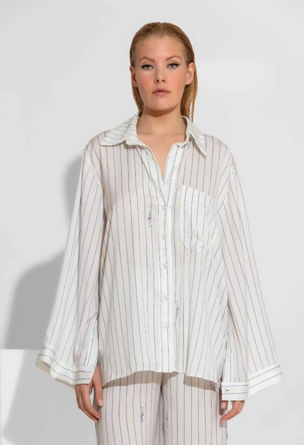 Oversized Σατέν Ριγέ Πουκάμισο με Signature Print