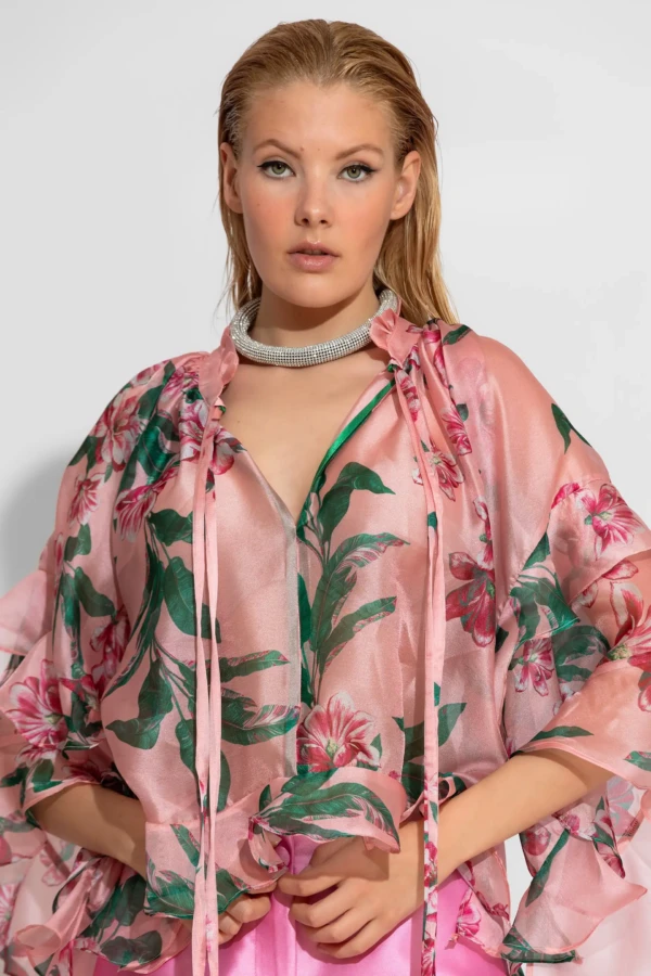 Poz φλοράλ πουκάμισο οργάντζα με βολάν
