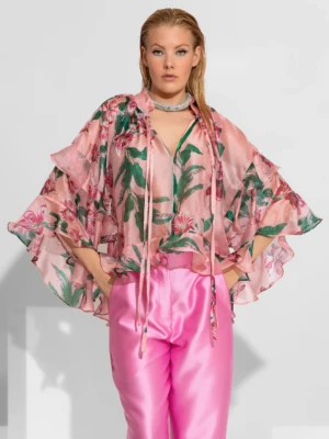 Poz φλοράλ πουκάμισο οργάντζα με βολάν