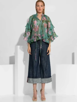 Πράσινο φλοράλ πουκάμισο οργάντζα με βολάν