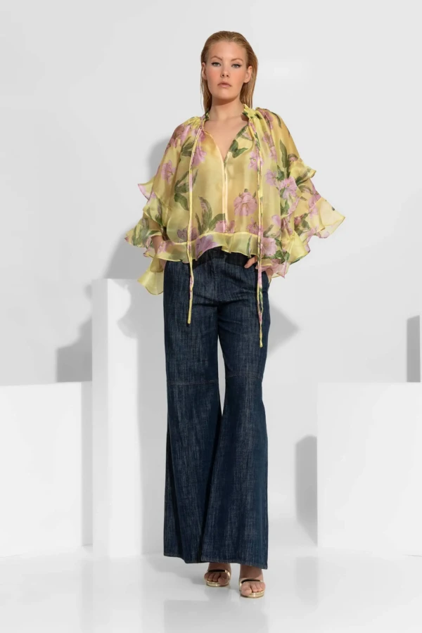 Κίτρινο φλοράλ πουκάμισο οργάντζα με βολάν