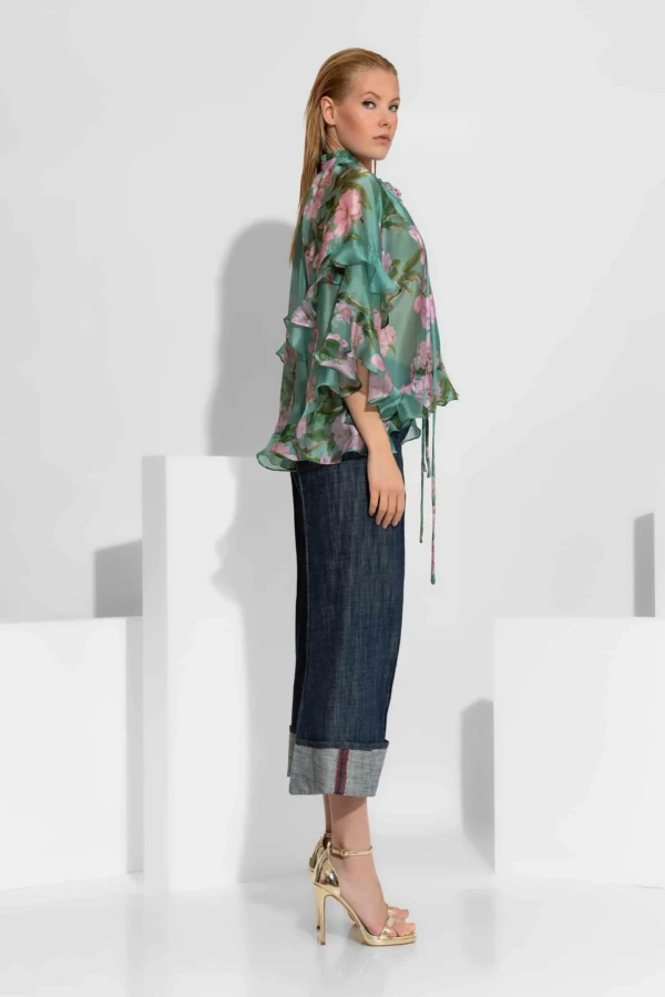 Πράσινο φλοράλ πουκάμισο οργάντζα με βολάν