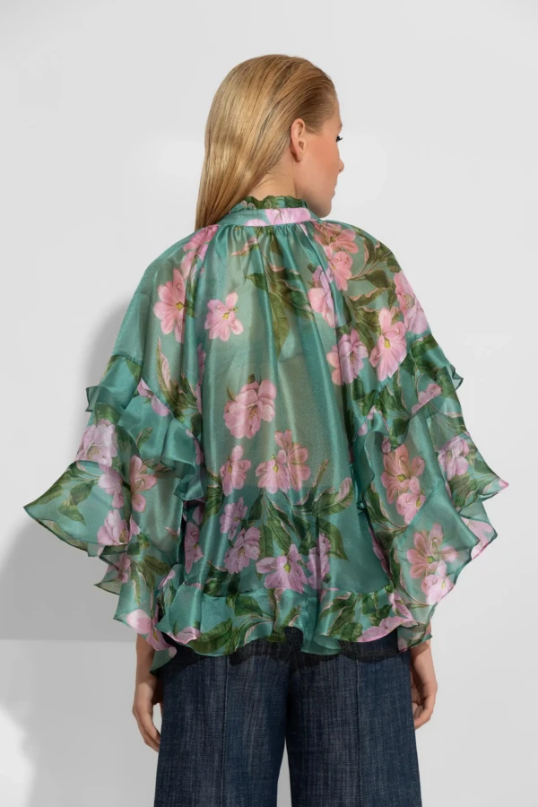 Πράσινο φλοράλ πουκάμισο οργάντζα με βολάν