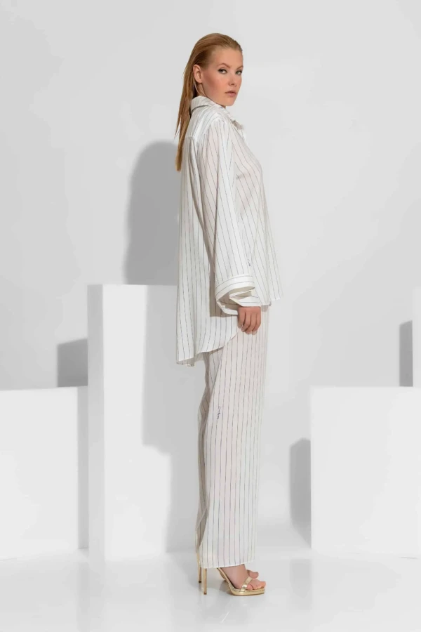 Oversized Σατέν Ριγέ Πουκάμισο με Signature Print