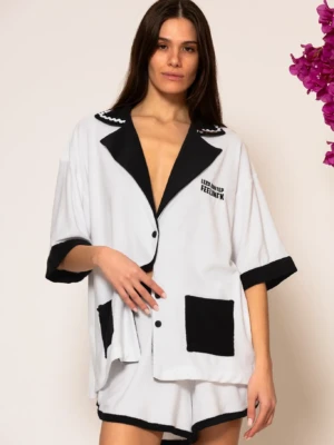 Black and white cotton-blend logo embroidered terry shirt