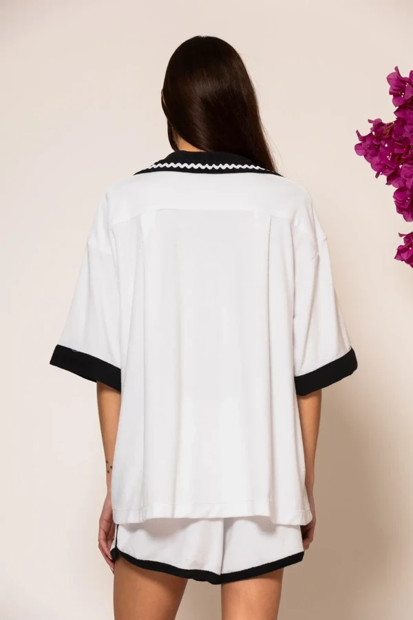 Black and white cotton-blend logo embroidered terry shirt