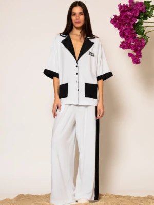 Black and White Cotton-blend side striped terry pants