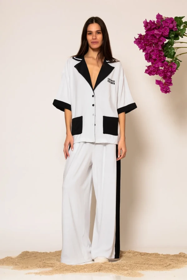 Black and White Cotton-blend side striped terry pants