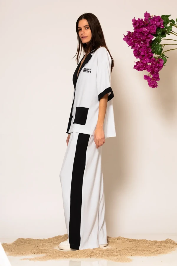 Black and White Cotton-blend side striped terry pants